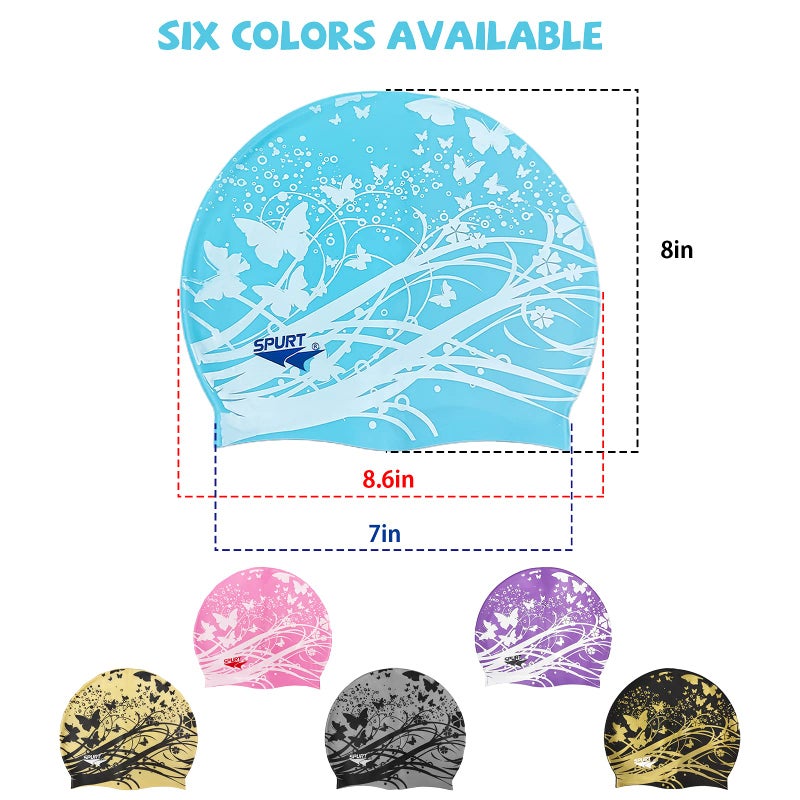 Moolecole Soft Waterproof Silicone Swim Cap Girls Summer Pool Sea Swimming Cap Bathing Haircare Hat for Long Hair Blue Butterfly - Image 2